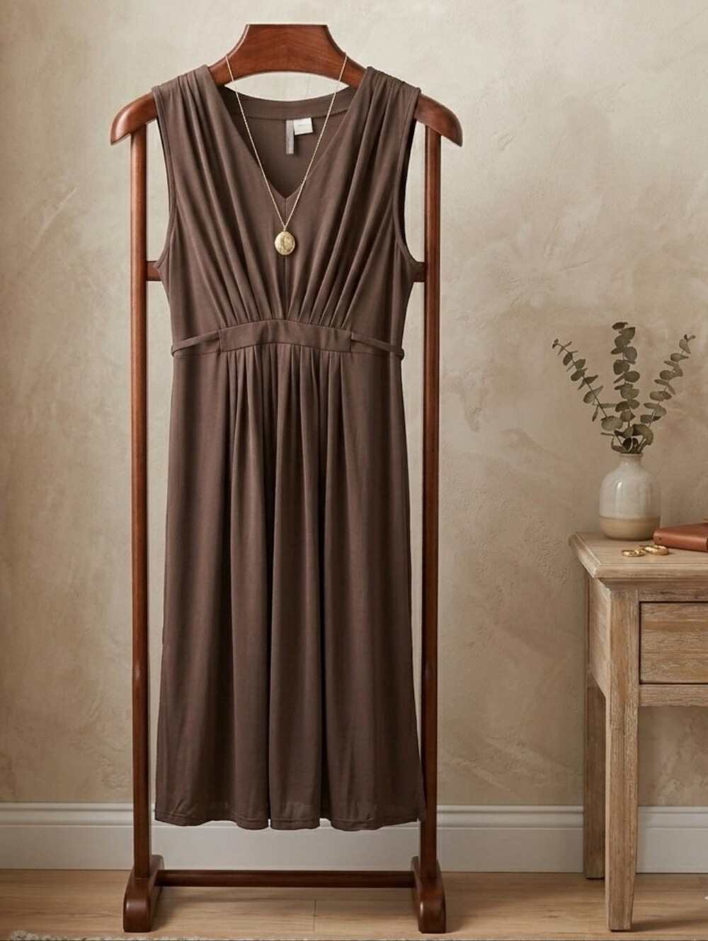 TSD Two Star Dog Brown V-Neck Gathered Sleeveless Empire Midi Dress Size Large